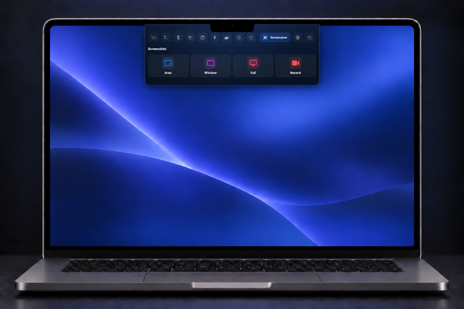 SuperNotch Screenshot and recording controls open on a MacBook